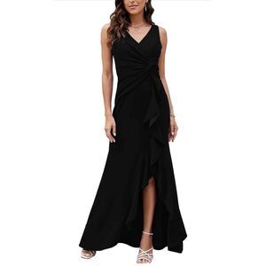 NEW Black Evening Gown Formal Elegant V Neck Split Wrap L